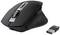 Schwarze kabellose Computermaus mit separat abgebildetem USB-Dongle, zeigt ergonomisches Design und scrollbares Mausrad.