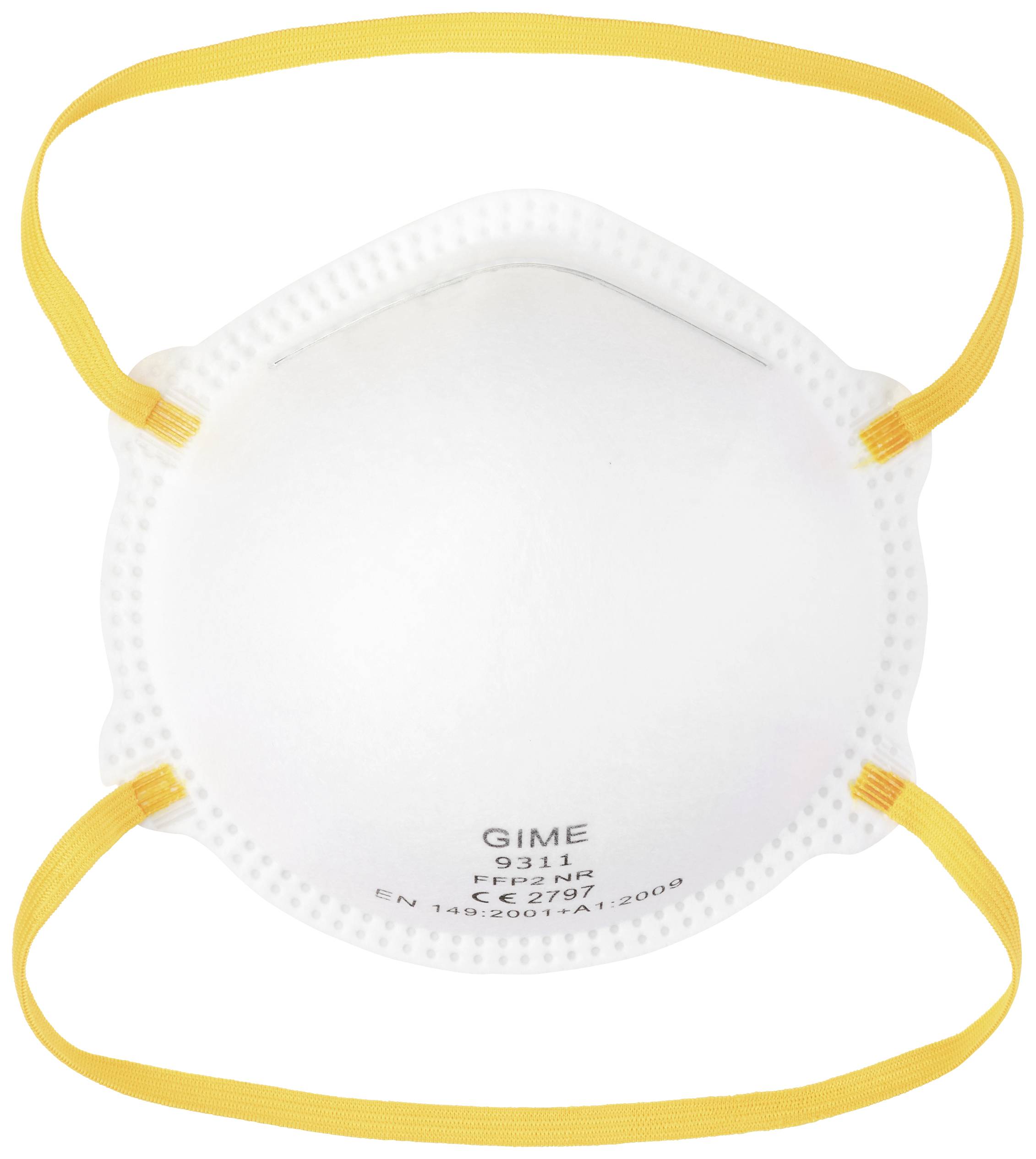 Weiße FFP2-Maske mit gelben Gummibändern, bietet Atemschutz.