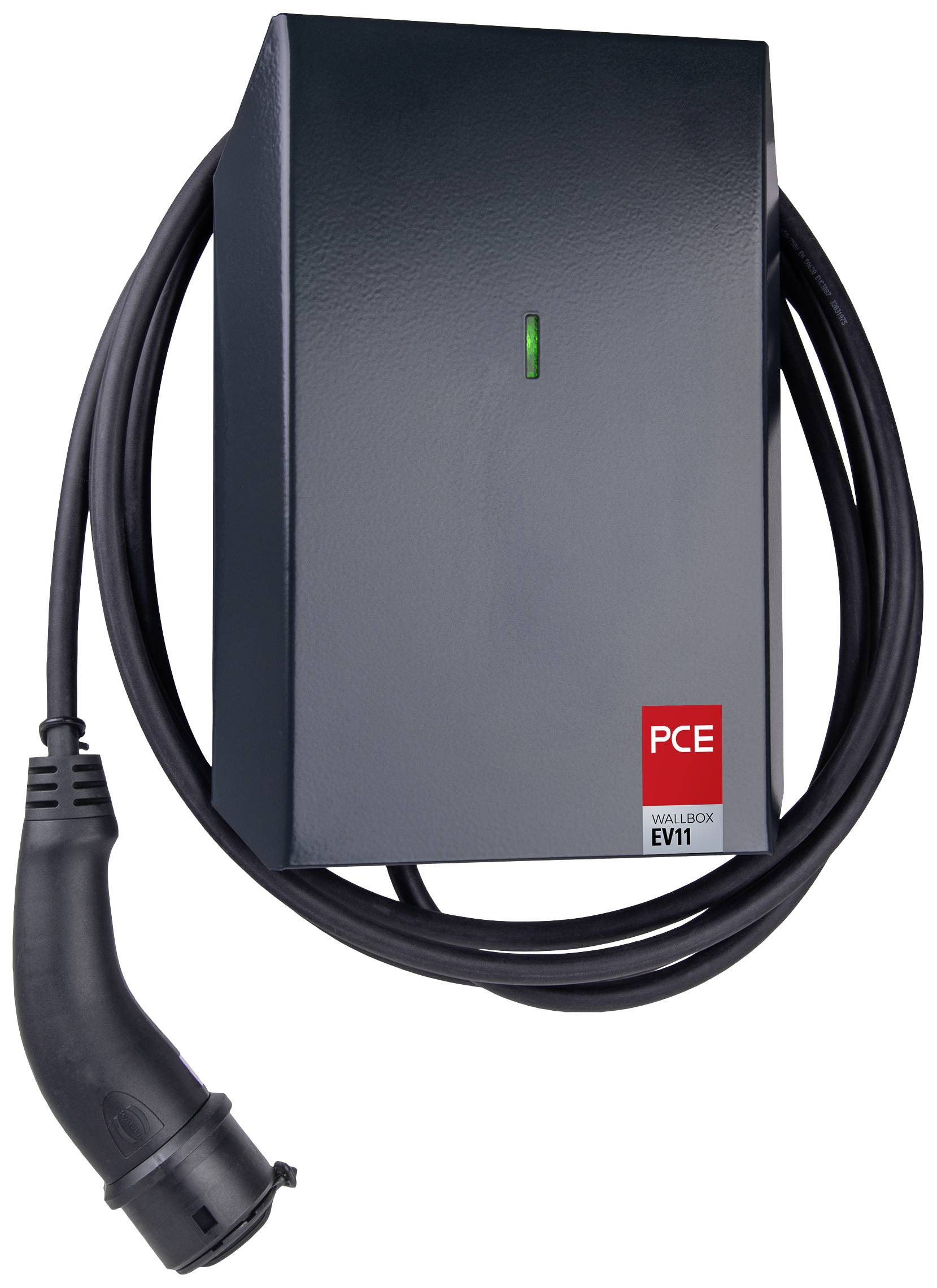 Schwarz-graue Ladestation mit Kabel und Stecker für Elektrofahrzeuge, montiert an einer Wand. Ein grünes Licht zeigt Betriebsbereitschaft an.
