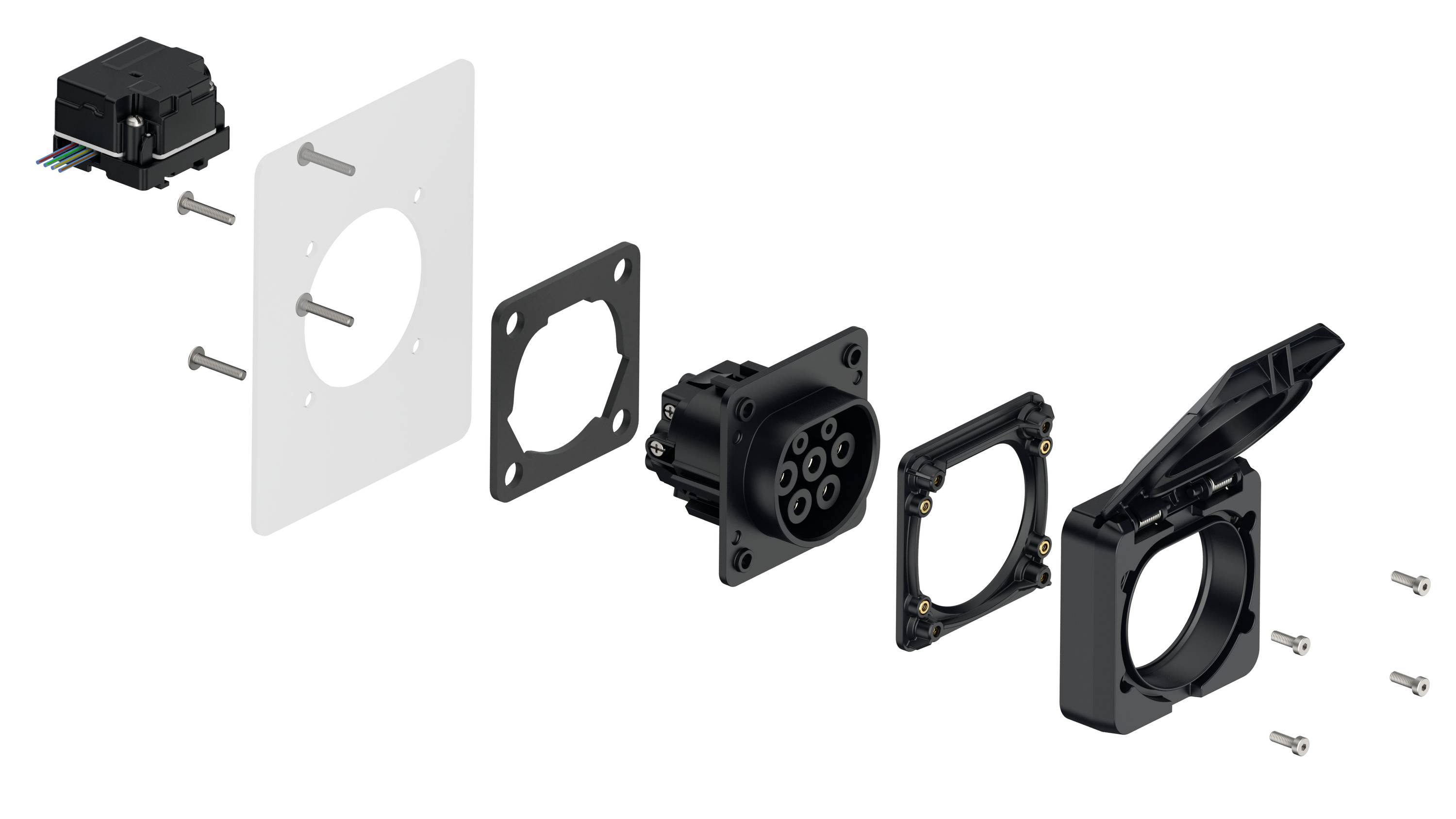 Zerlegte Ansicht einer Ladeanschlussbuchse für Elektrofahrzeuge mit mehreren Komponenten, einschließlich Schrauben und Montageplatten.