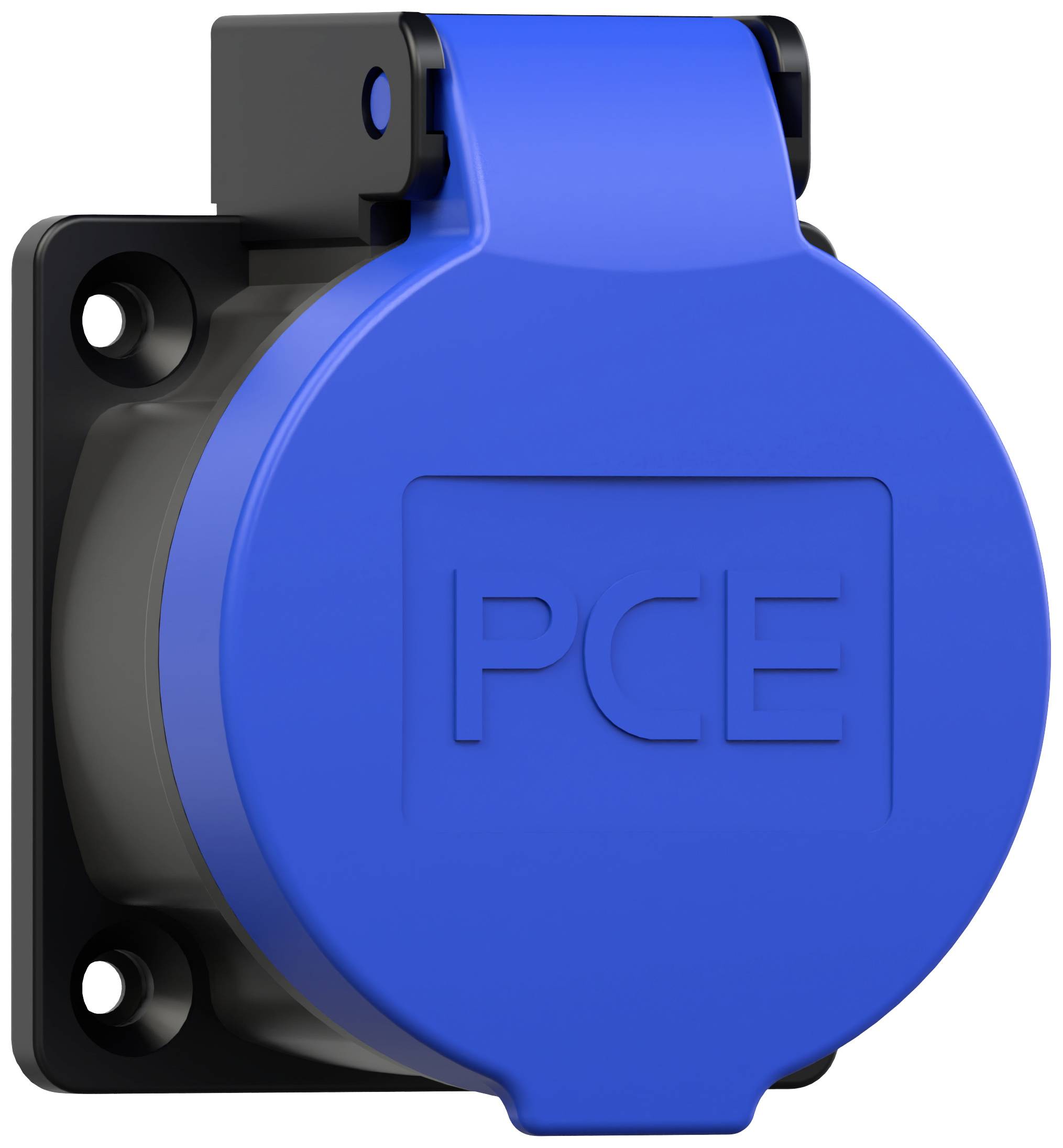 Blaue industrielle Steckdose mit Schutzkappe an schwarzer Basis, Marke 'PCE'.