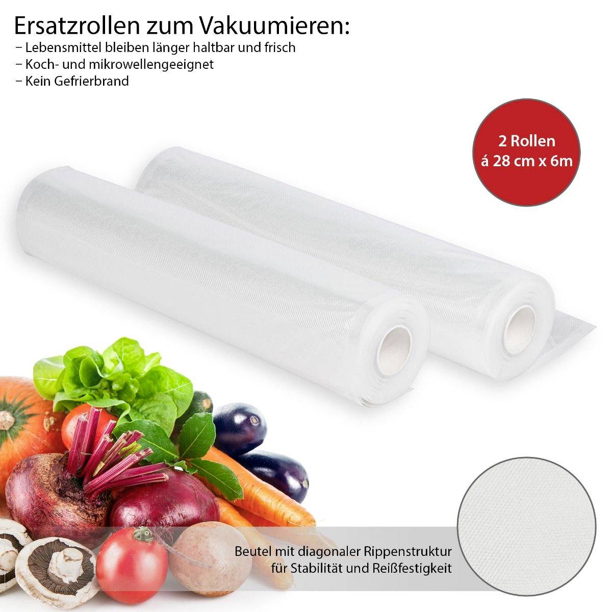 'Zwei Ersatzrollen zum Vakuumieren, 28 cm x 6 m. Geeignet für Koch- und Mikrowelle. Verhindert Gefrierbrand. Gemüse im Vordergrund.'