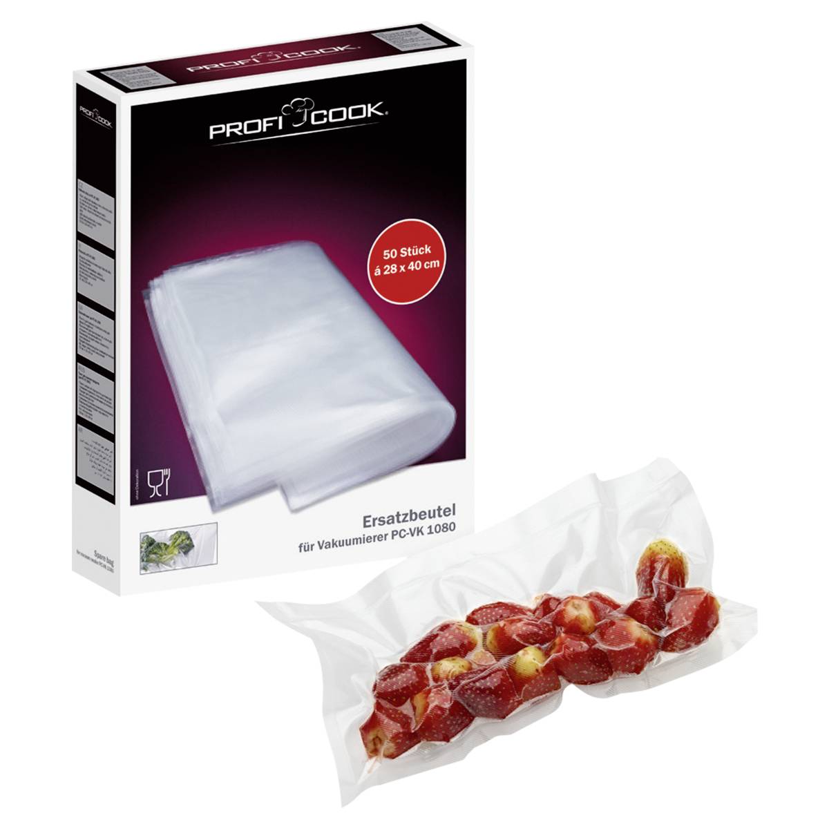 Verpackung mit Ersatzbeuteln für Vakuumierer und ein Beutel mit vakuumierten Erdbeeren.