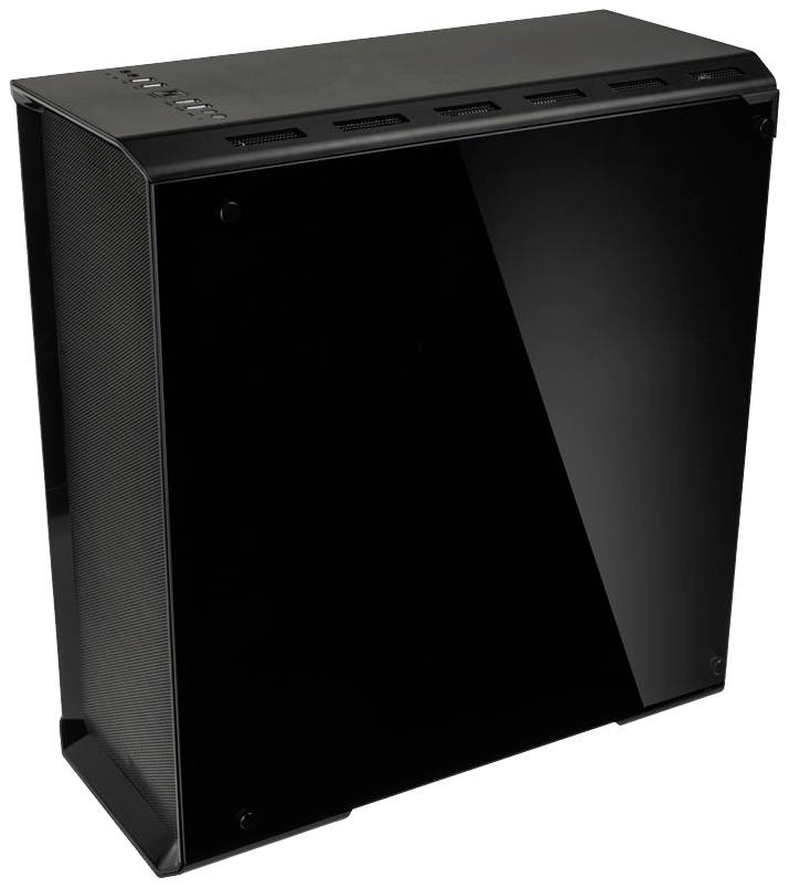 Ein schwarzes PC-Gehäuse mit glatter, glänzender Oberfläche und mehreren Anschlüssen oben.