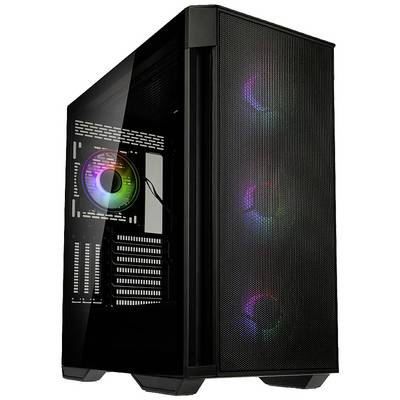 Ein schwarzes Computergehäuse mit einem gläsernen Seitenpanel zeigt bunte LED-Lüfter auf der Vorderseite und Innenansicht.