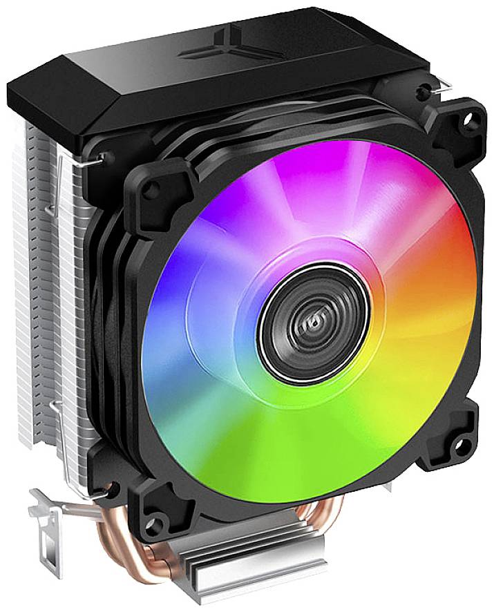 Luftkühler mit RGB-Lüfter in Regenbogenfarben und schwarzem Gehäuse, geeignet für PC-Hardwarekühlung.