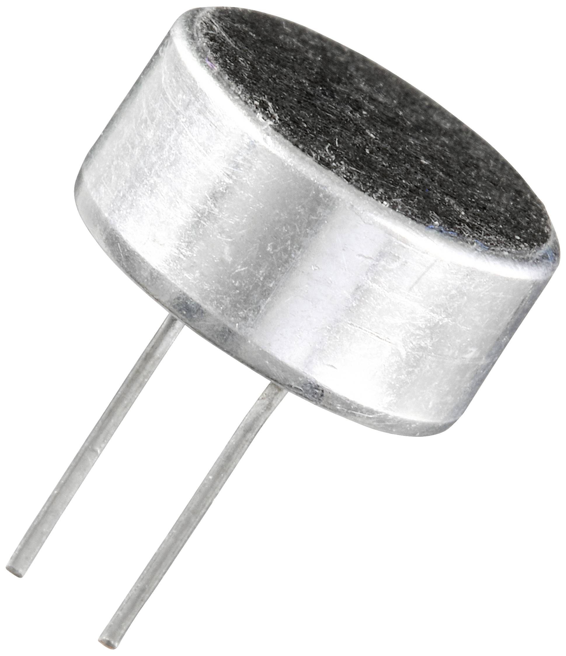 Ein kleines silbernes Mikrofonsensor in zylindrischer Form mit zwei Metallstiften zur elektrischen Verbindung.