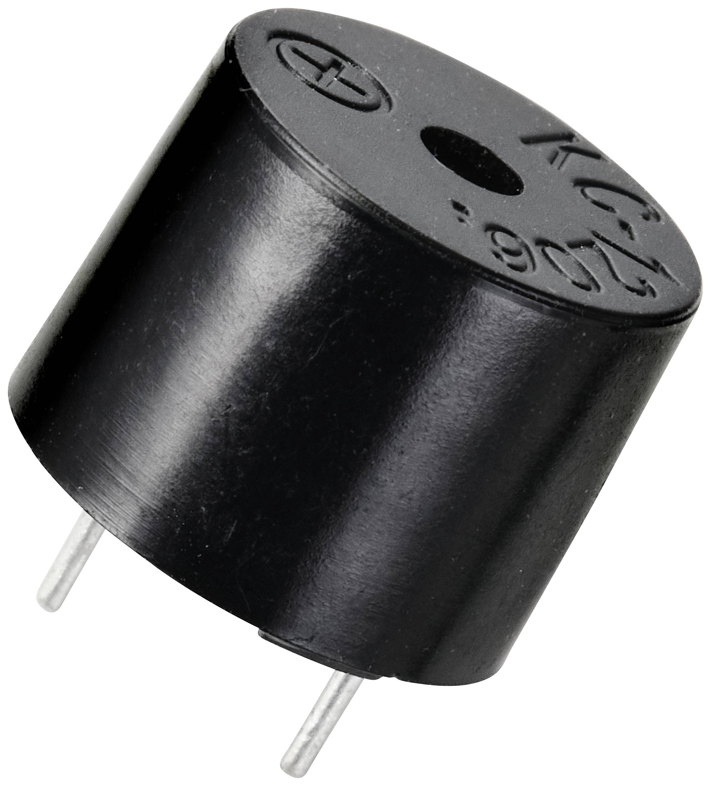 Schwarzer Piezo-Buzzer mit zwei Metallstiften zur elektrischen Verbindung. Oberseite mit Markierungen für positive und negative Pole.