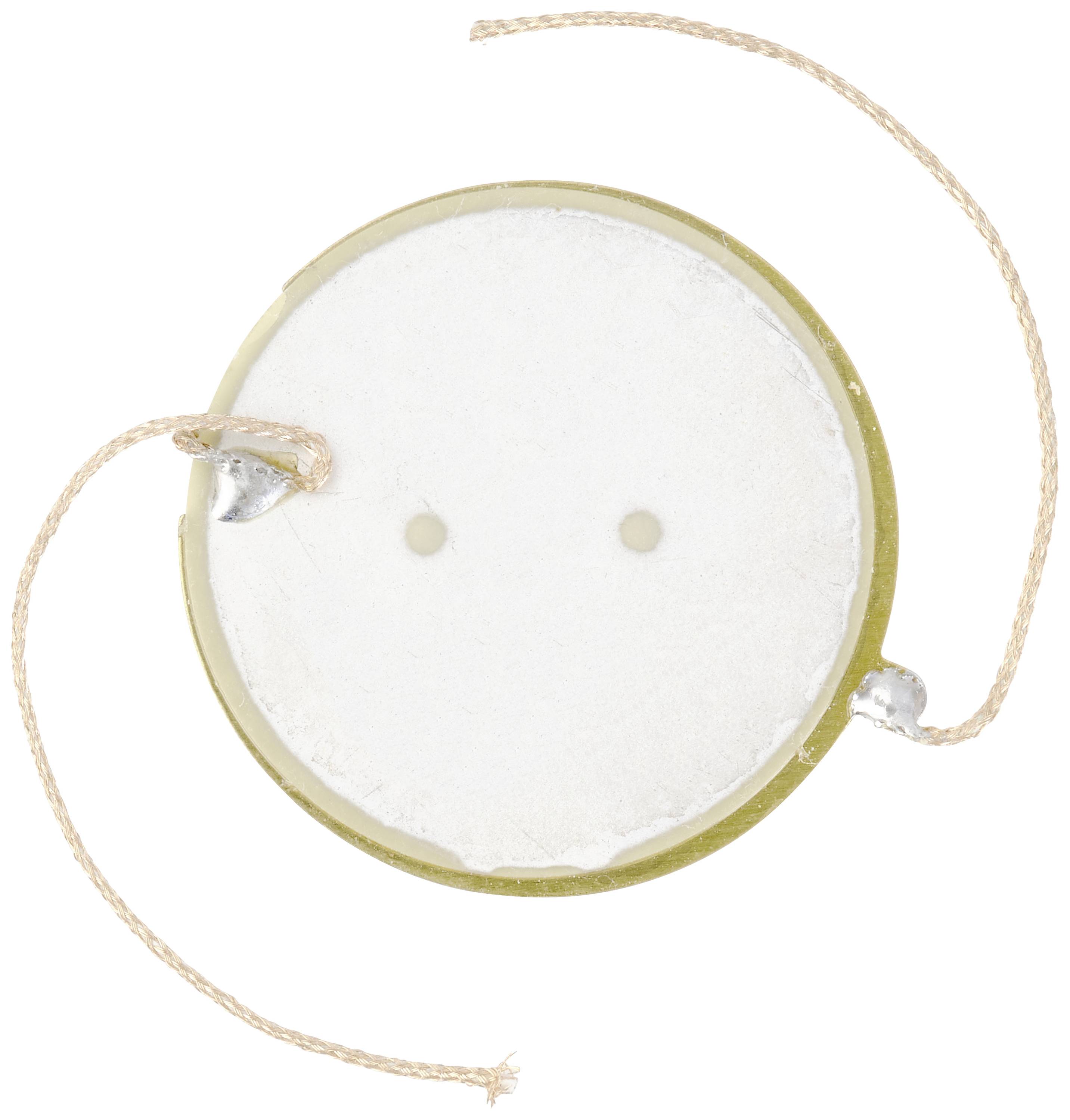 Eine runde, weiße Sensorvorrichtung mit zwei Steckdosen und zwei angebrachten Drähten zur Stromversorgung oder Datenübertragung.