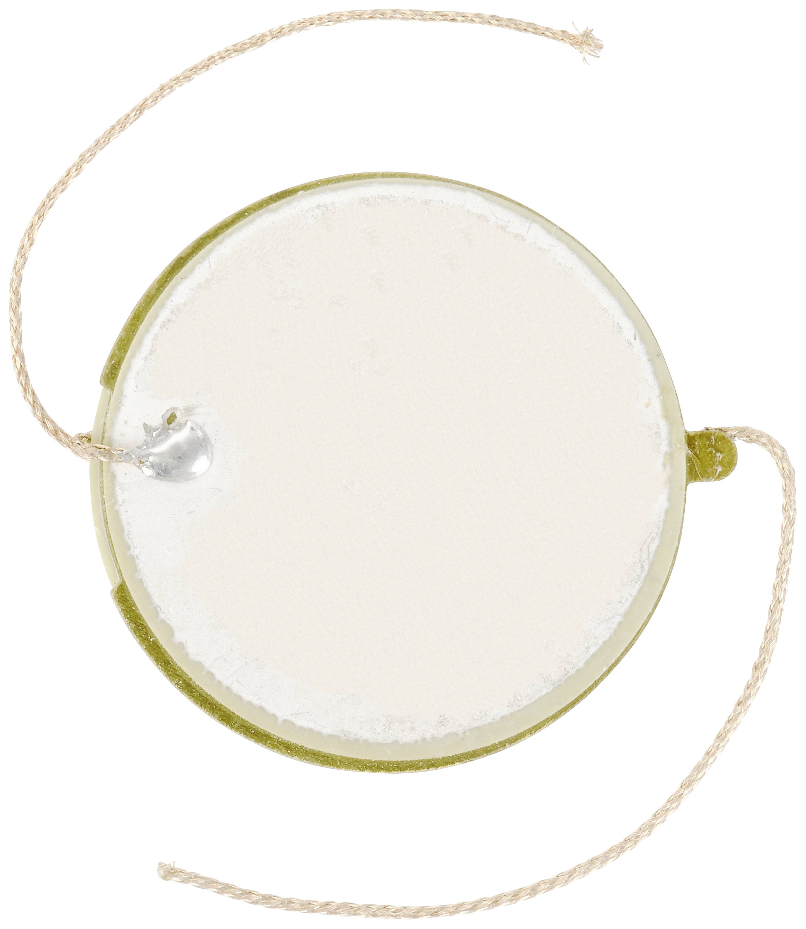 Ein runder, weißer Anhänger mit zwei losen, beige Schnüren an den Seiten.