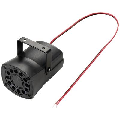 Ein schwarzer elektrischer Summer mit roten und schwarzen Kabeln, montierbar durch eine Metallschiene.
