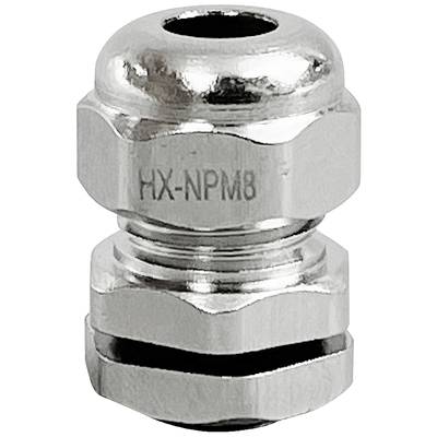 Ein silberner, metallener Kabelverschraubungskopf mit der Aufschrift 'HX-NPM8', der typischerweise zur Kabelbefestigung in elektrischen Gehäusen verwendet wird.