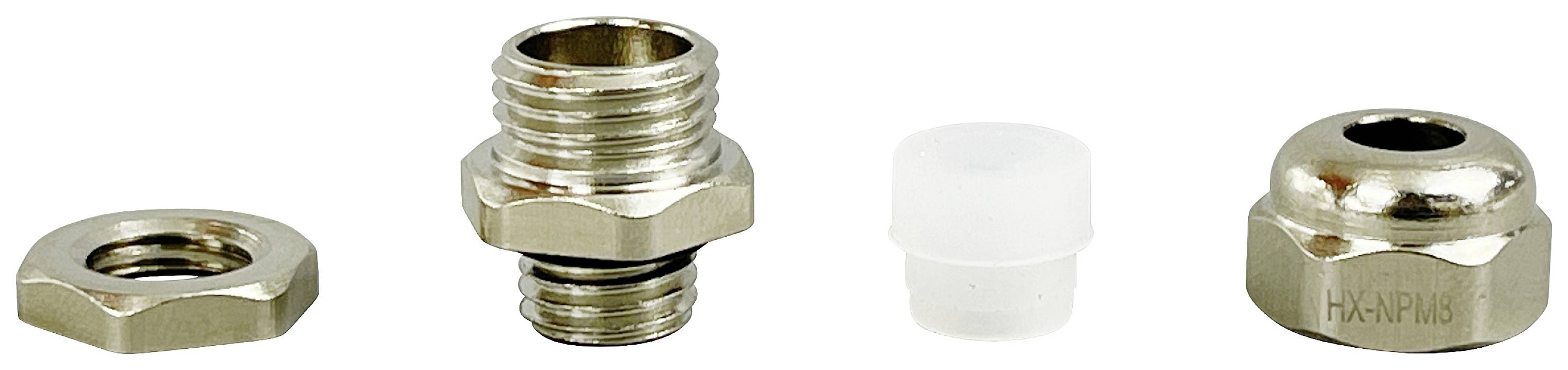 Vier metallische und ein weißes Kunststoffteil, vermutlich Komponenten eines Kabelverbinders. Links eine Mutter, rechts eine Abdeckung.