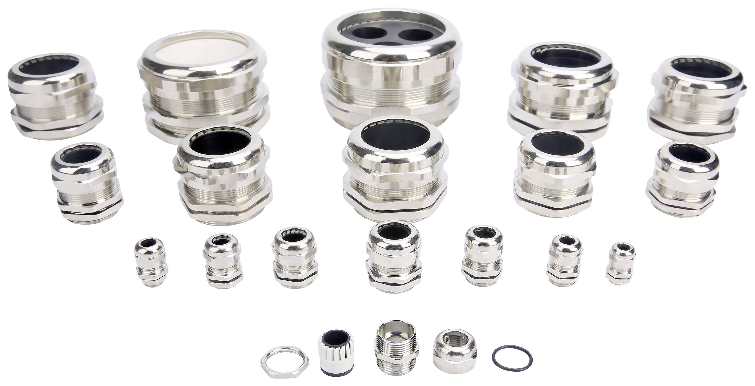 'Eine Vielzahl von Kabelverschraubungen verschiedener Größen und Designs, angeordnet in Reihen. Dient zum Abdichten und Fixieren von Kabeln.'