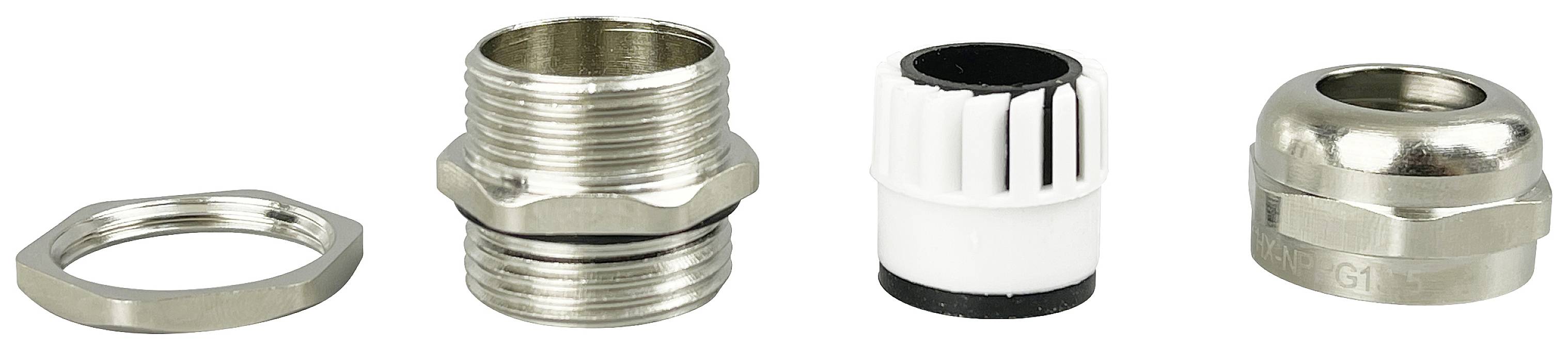 'Vier Metall- und Kunststoffteile: Eine Rändelmutter, ein Gewindestück, ein weißer Kunststoffring und eine abgerundete Verschraubung.'