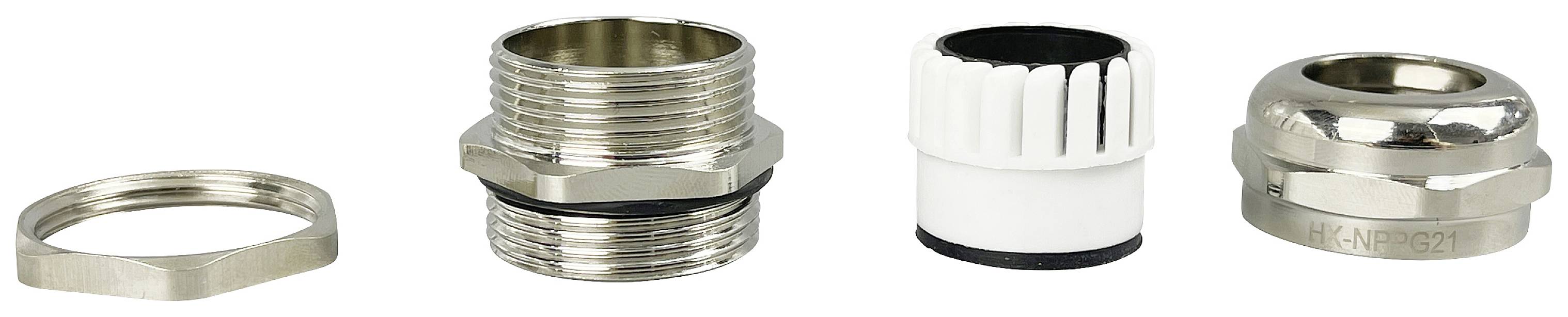 Mehrteilige Metallverschraubung, bestehend aus Mutter, Gewinde, Dichtring und Anschlussstück, auf weißem Hintergrund.