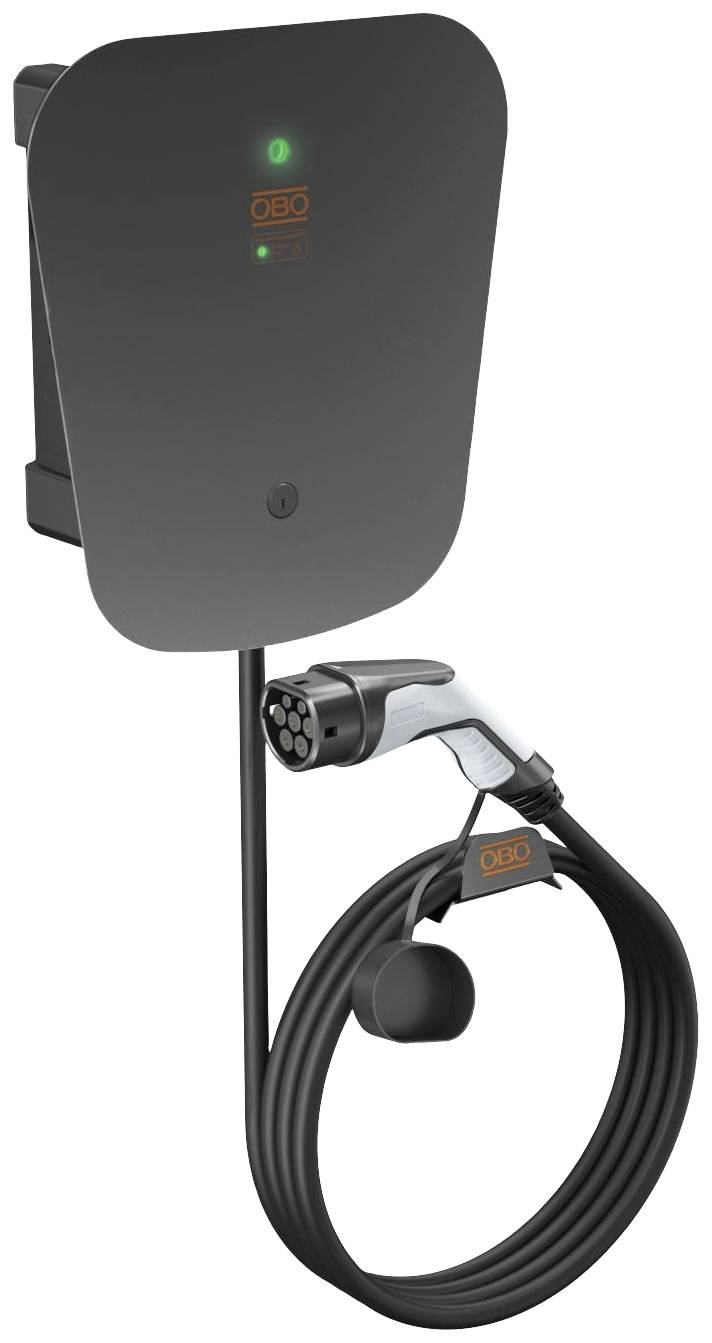 Eine Ladestation für Elektrofahrzeuge, montiert an der Wand, mit Ladekabel und leuchtender Statusanzeige.