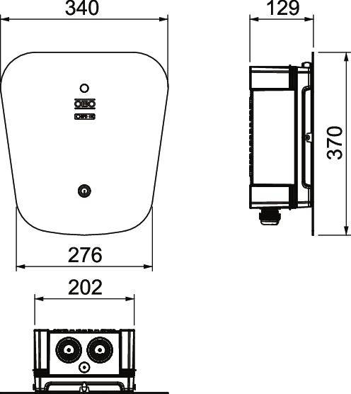 Technische Zeichnung eines rechteckigen Geräts mit Abmessungen: 340x276x202 mm. Gerätetiefe 129 mm, Höhe 370 mm. Linien zeigen Maße vorne und seitlich.