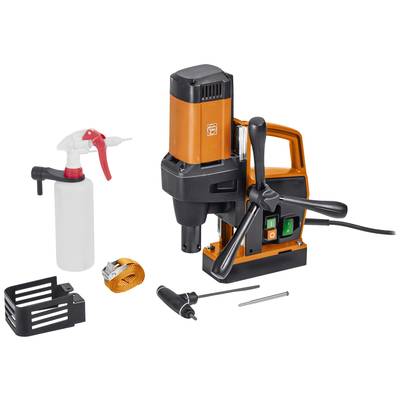 Tragbare Magnetbohrmaschine mit Zubehör: Sprühflasche, Hebel, Spannmittel und Sicherungsgurt. Ideal für präzises Bohren auf Metalloberflächen.