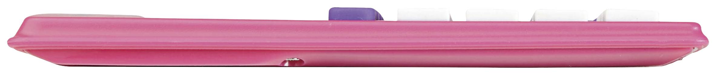 Ein pinkfarbener Taschenrechner liegt auf der Seite, zeigt eine lila Taste und weiße Tasten.