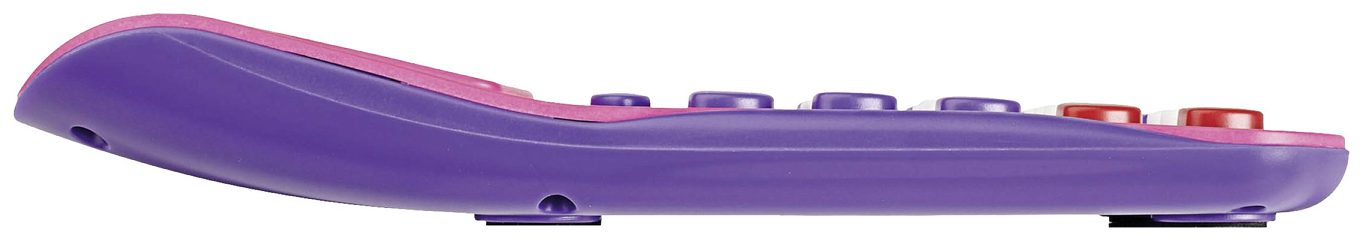 Seitenansicht einer violetten und pinken Spielzeug-Fernbedienung mit Knöpfen verschiedener Farben oben.
