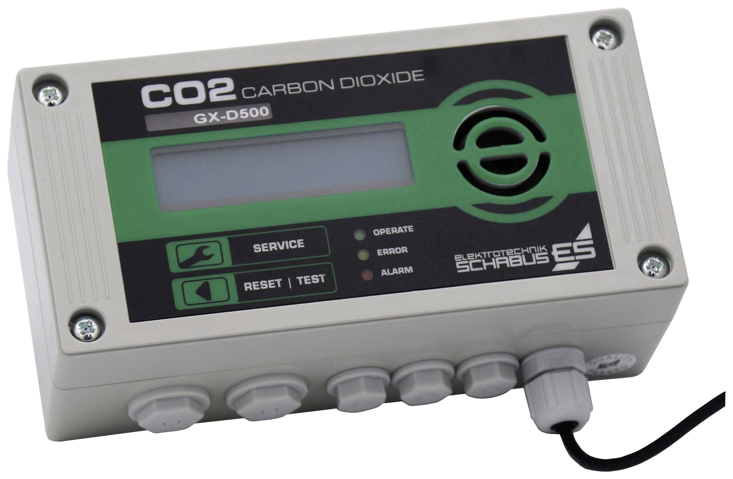'CO2 Carbon Dioxide GX-D500' Monitor mit Display, verschiedenen Funktionsknöpfen und LED-Anzeigen. Gerät zur Überwachung von CO2-Werten.