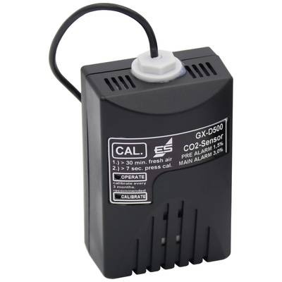 Schwarzer CO2-Sensor GX-D500. Bedienfeld zeigt Kalibrierungs- und Alarmhinweise: 'Kalibrieren alle 3 Monate.'