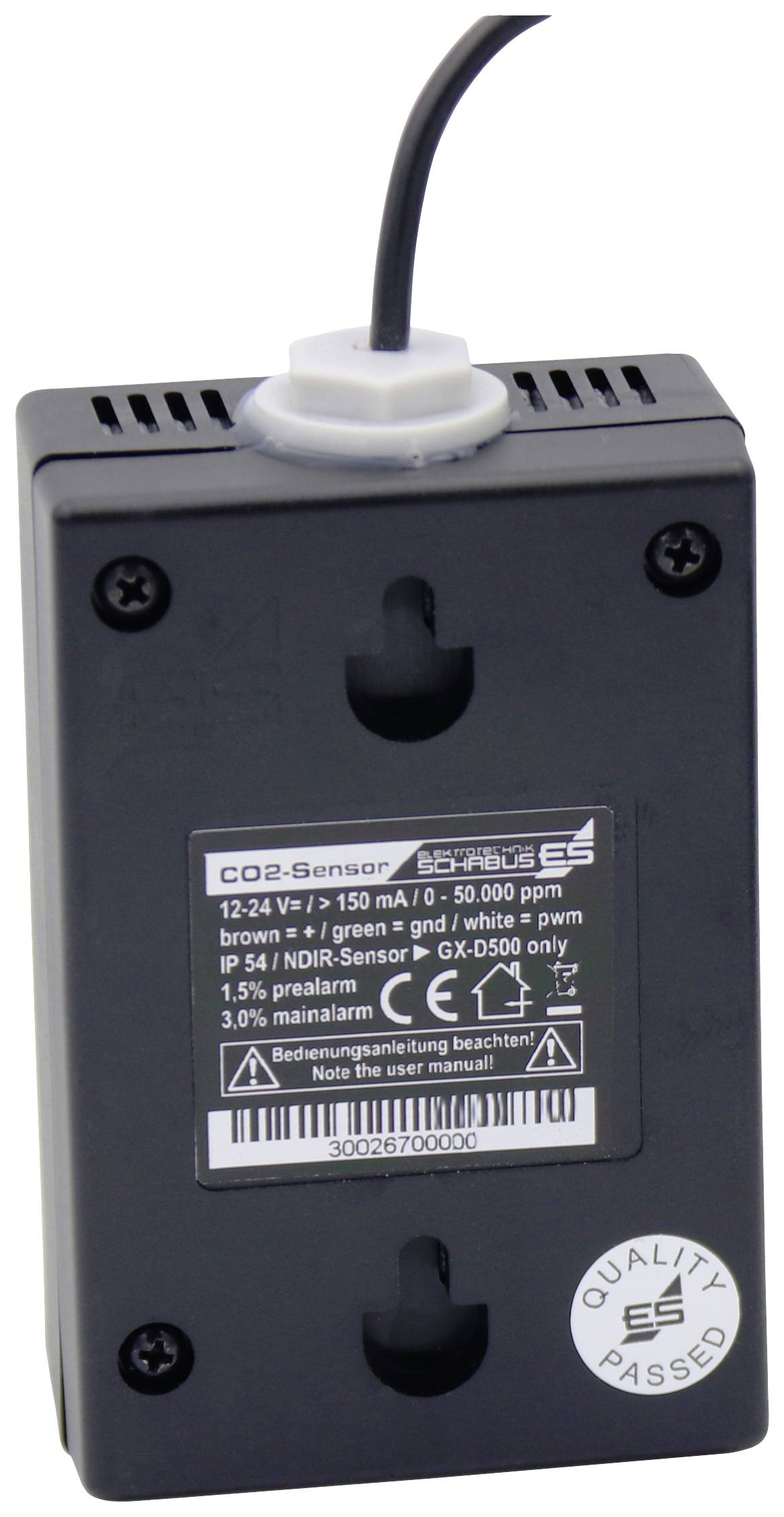 Ein rechteckiger CO2-Sensor mit Kabel, schwarzem Gehäuse und Angaben zur Spannung, Stromstärke sowie Schutzklasse auf der Vorderseite.