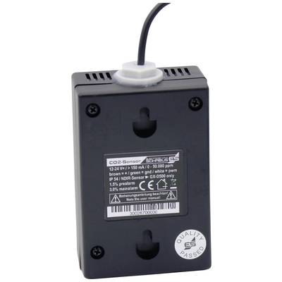 Ein rechteckiger CO2-Sensor mit Kabel, schwarzem Gehäuse und Angaben zur Spannung, Stromstärke sowie Schutzklasse auf der Vorderseite.