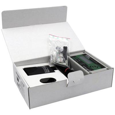 Eine geöffnete Verpackung zeigt ein elektronisches Gerät mit Zubehör, darunter Kabel und Befestigungselemente. Das Display zeigt 'CO2'.