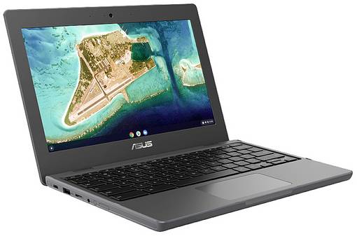 Dunkelgrauer ASUS Mini-Laptop mit kompaktem 11-Zoll-Display und schwarzem Keyboard für mobiles Arbeiten.