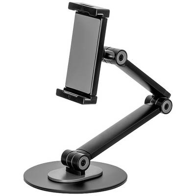 Schwarzer, verstellbarer Tischhalter für Smartphones und Tablets, ruht auf einer runden Basis und hat zwei gelenkige Arme.