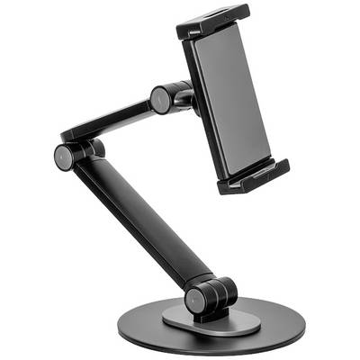 Schwarzer, verstellbarer Tablet-Halter mit stabilem Standfuß und beweglichem Arm, ideal zum Freihandschauen auf Schreibtischen.