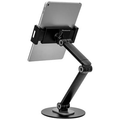 Ein Tablet in einem flexiblen, schwarzen Halter mit Arm, montiert auf einem runden Sockel. Der Arm ist verstellbar für verschiedene Winkel.