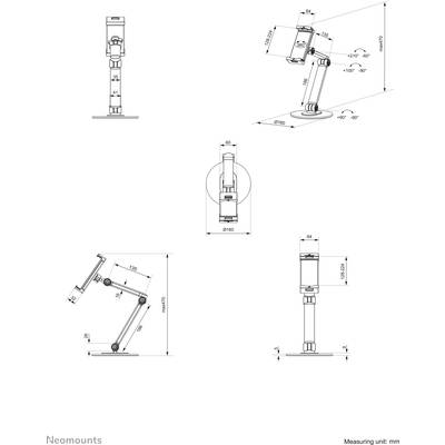 Technische Zeichnung eines Monitorarms mit Maßen in Millimetern. Zeigt verschiedene Ansichten und Einstellwinkel für Montage und Nutzung.