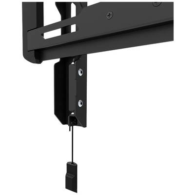 Eine schwarze TV-Wandhalterung mit einem Durchzugsmechanismus an der Unterseite.