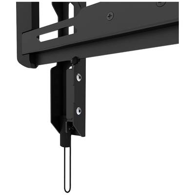 Wandhalterung mit Justierschrauben und Sicherungsseil zur Befestigung eines TV-Geräts. Schwarzes Metallgestell im Detail.