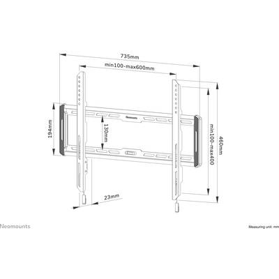'Diagramm einer Wandhalterung mit Maßen: Breite 735mm, Höhe 460mm. Einstellbare Halterung, passend für 100-600mm in der Breite.'