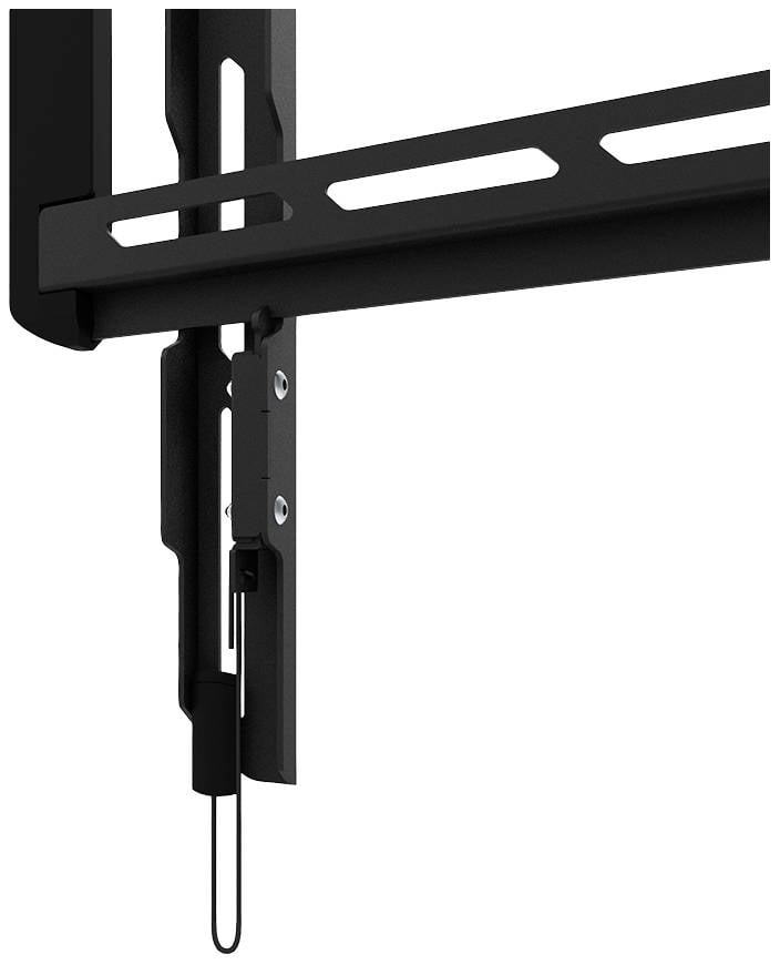 Nahaufnahme einer schwarzen TV-Wandhalterung mit verstellbaren Schienen und Schraubbefestigungen, die robustes Design zeigt.