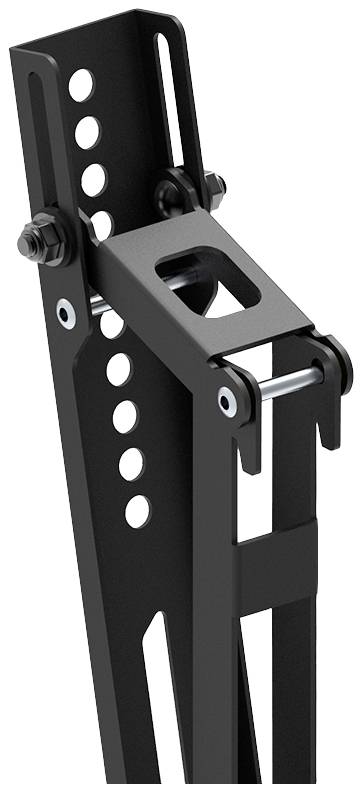 Ein schwarzes Metallgestell mit mehreren Löchern und Schrauben, das Teil eines verstellbaren Stützsystems darstellt.