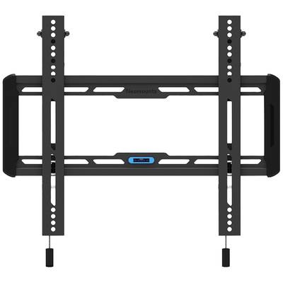 Eine schwarze Wandhalterung für Flachbildfernseher, mit Schienen und blauer Wasserwaage zur Ausrichtung.
