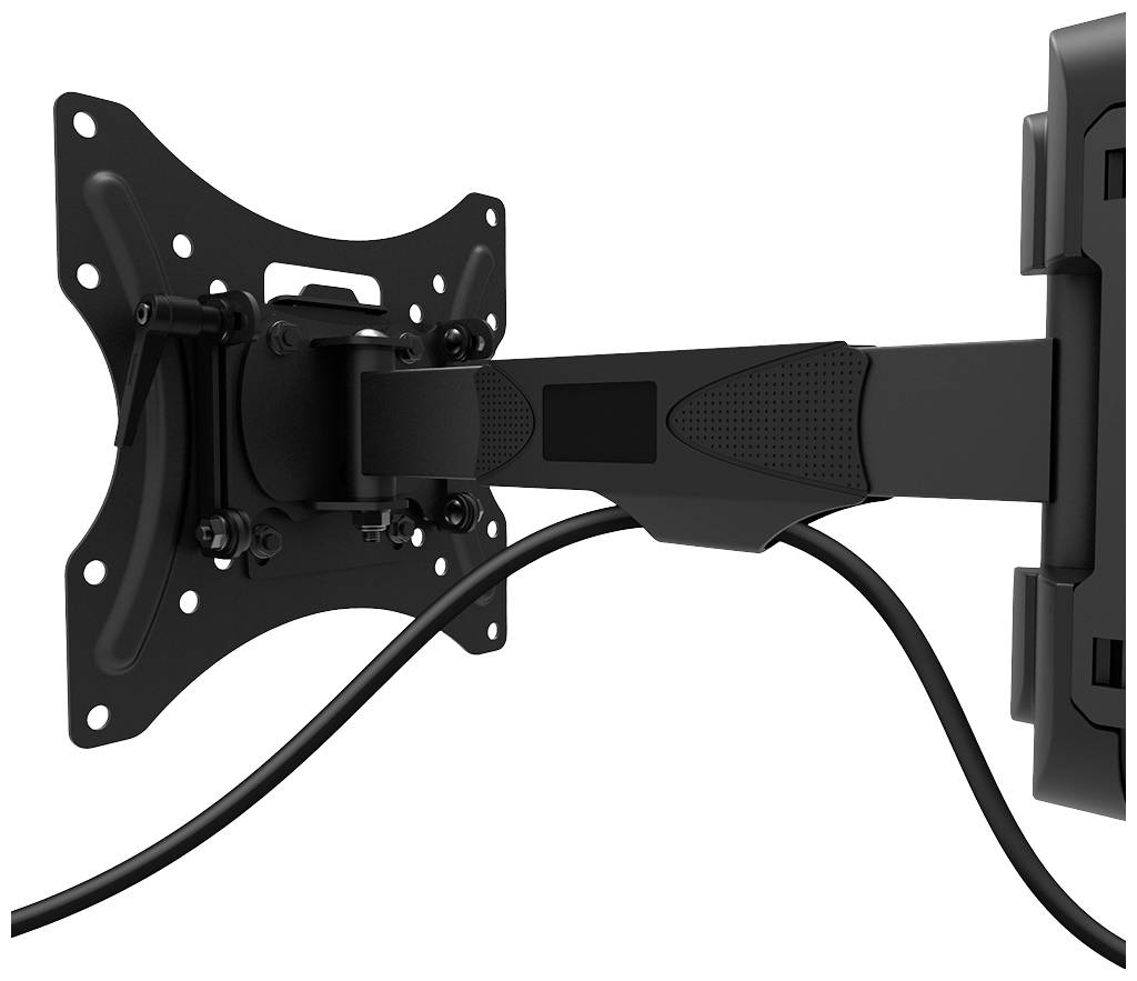 Schwarze TV-Wandhalterung mit Schwenkarm, an der Wand montiert, mit Kabelmanagement. Geeignet für Flachbildfernseher.