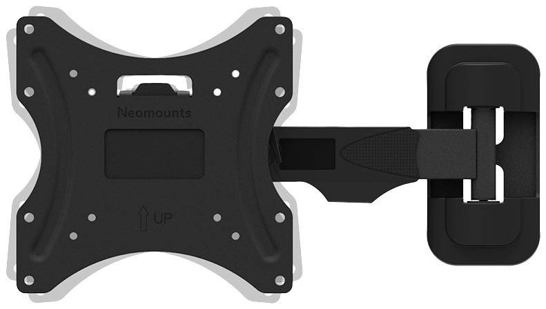 Eine schwarze Wandhalterung für Monitore oder Fernseher, mit klappbarem Arm für flexible Anpassung, gekennzeichnet mit 'Neomounts'.