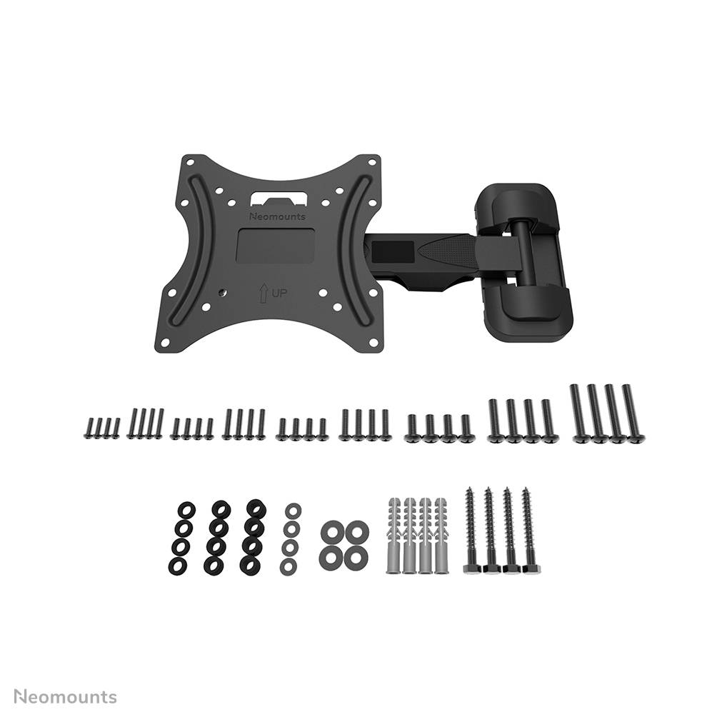 TV-Wandhalterung mit passendem Befestigungsmaterial bestehend aus Schrauben, Dübeln und Unterlegscheiben, bereit zur Montage.