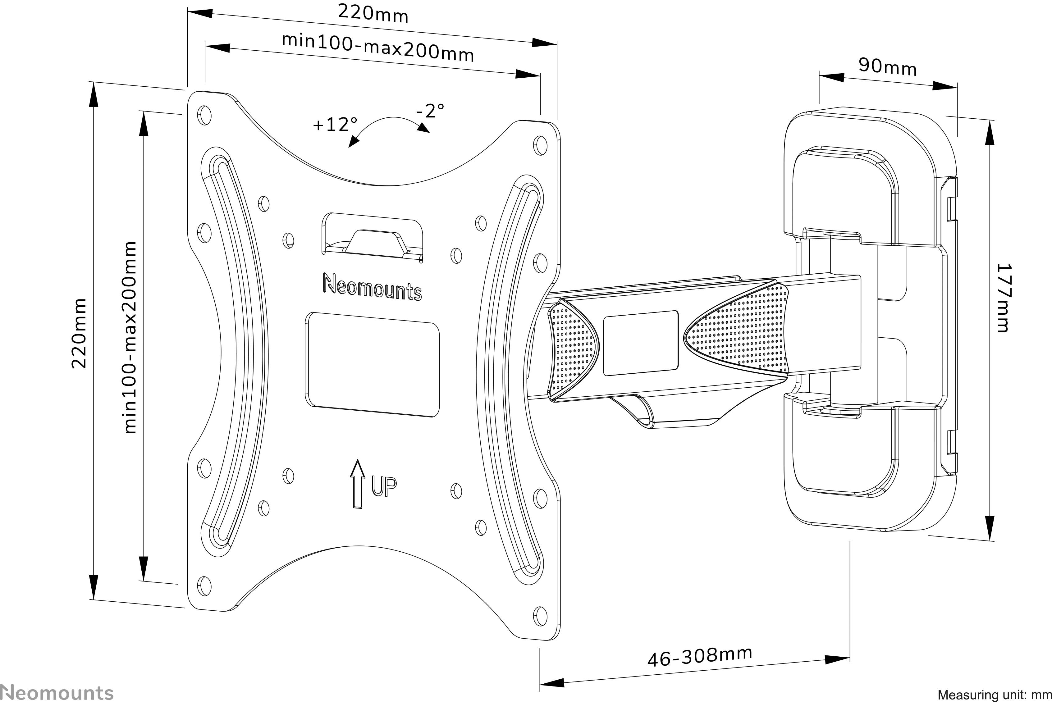 'Wandhalterung für TV/Monitor, Neigungsverstellung +-12°, Schwenkarm 46-308mm, VESA 100-200mm kompatibel. Maße und Pfeile markiert.'