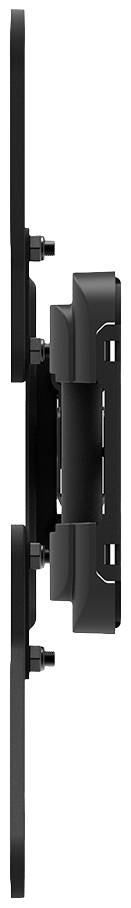 Seitenansicht einer schwarzen Wandhalterung, die zwei vertikale Platten mit mehreren Schrauben und Verbindungselementen zeigt.