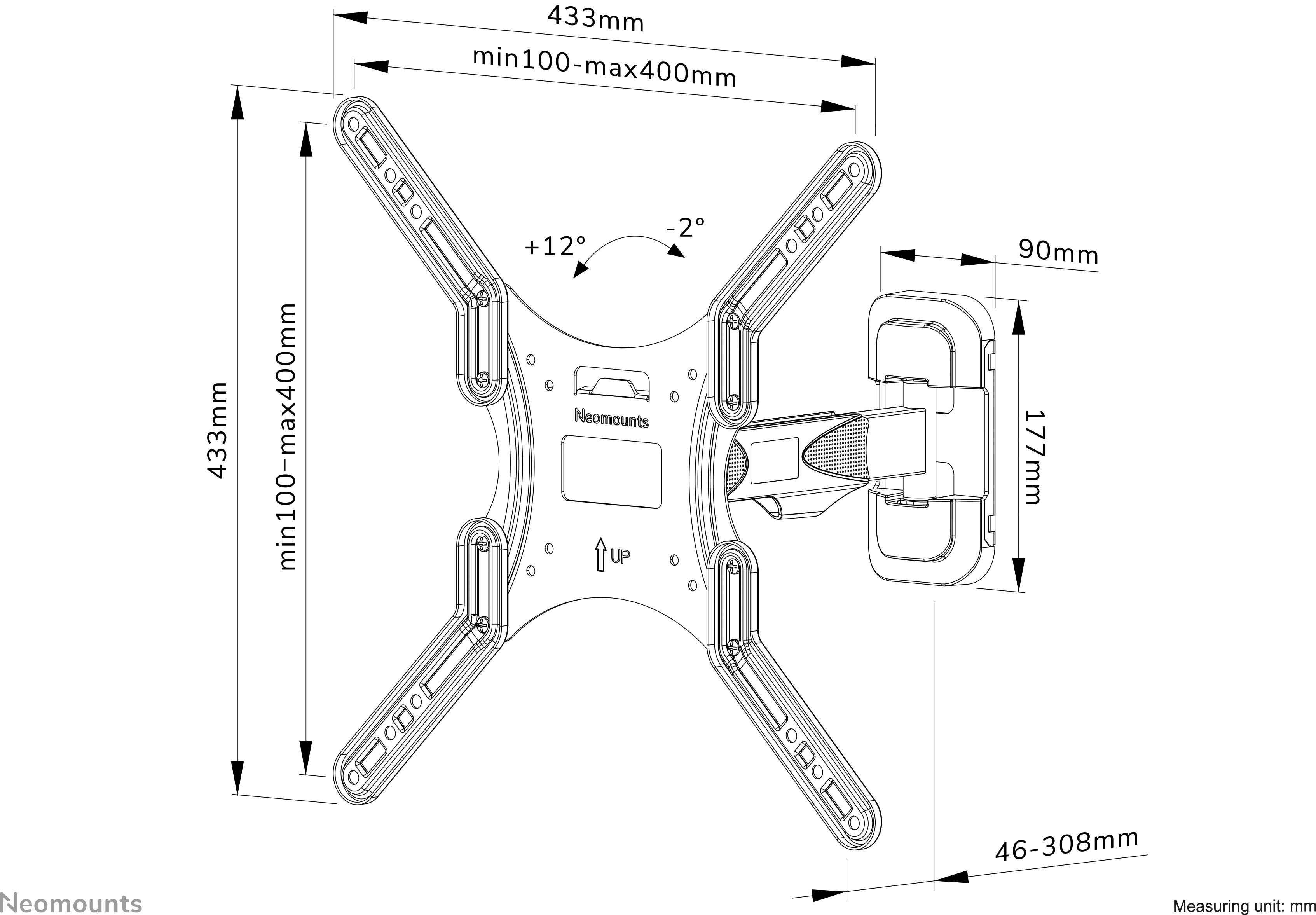 'Zeichnung einer Wandhalterung für Monitore. Maße: 433 mm Breite, 177 mm Höhe, 90 mm Tiefe, schwenkbar um +12°/-2°, neigbar.'