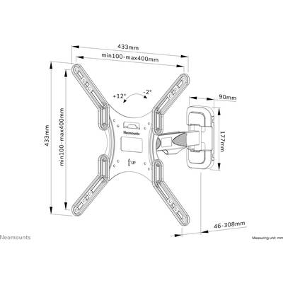 'Zeichnung einer Wandhalterung für Monitore. Maße: 433 mm Breite, 177 mm Höhe, 90 mm Tiefe, schwenkbar um +12°/-2°, neigbar.'