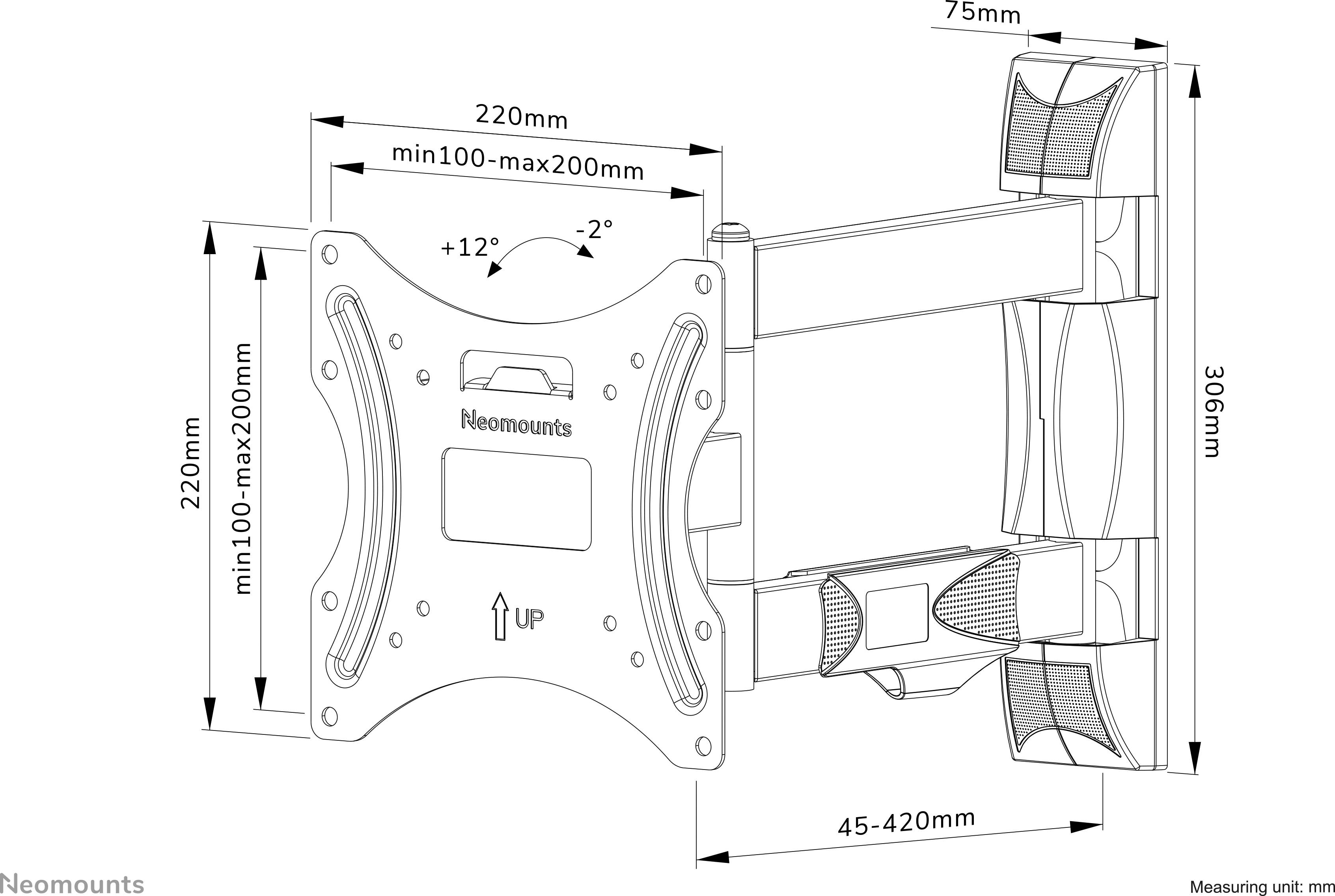 'Technische Zeichnung einer Monitorhalterung. Maße: 220mm Breite, 306mm Höhe. Drehbar um ±12°, kippbar um ±20°. Passt Monitore 100-200mm.'
