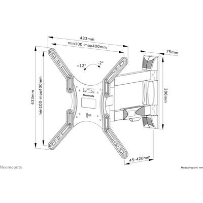 'Zeichnung eines TV-Wandhalters von Neomounts. Maße: Breite 433mm, Höhe 433mm, Tiefe 75mm. Neigung einstellbar von +12° bis -2°.'